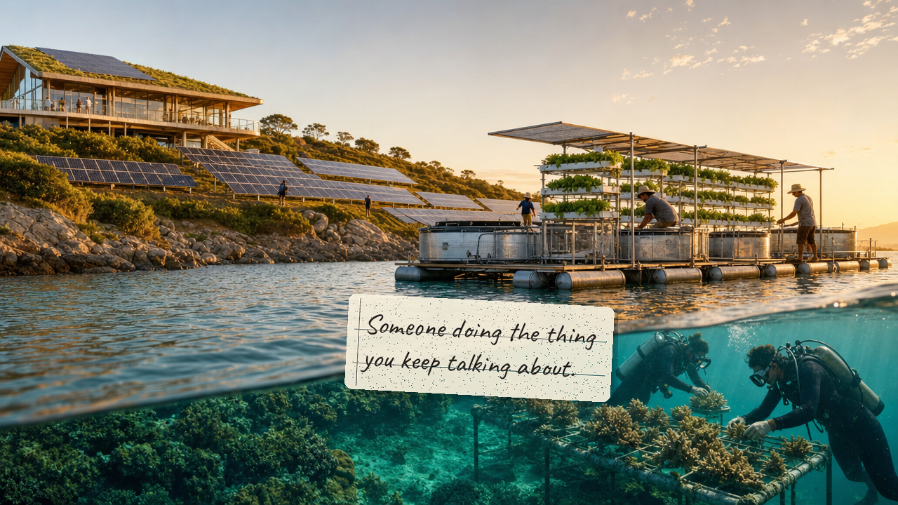 A coastal regenerative community, coral restoration divers, aquaponics farm, solar fields, and a solarpunk building, with a handwritten note reading someone doing the thing you keep talking about